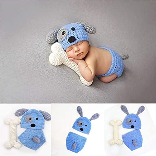 Miniatura 3 de Traje de bebé recién nacido, accesorios para fotos, trajes de ganchillo de punto azul con gorro de perro, pantalones cortos con hueso para niños y