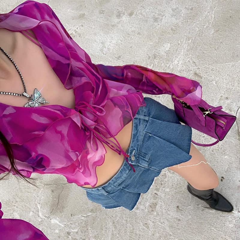 Women's Y2K Tie Dye Sheer Mesh Tie Open Front Long Sleeve Crop Top Ruffle Trim V Neck Blouse Shirt Top4