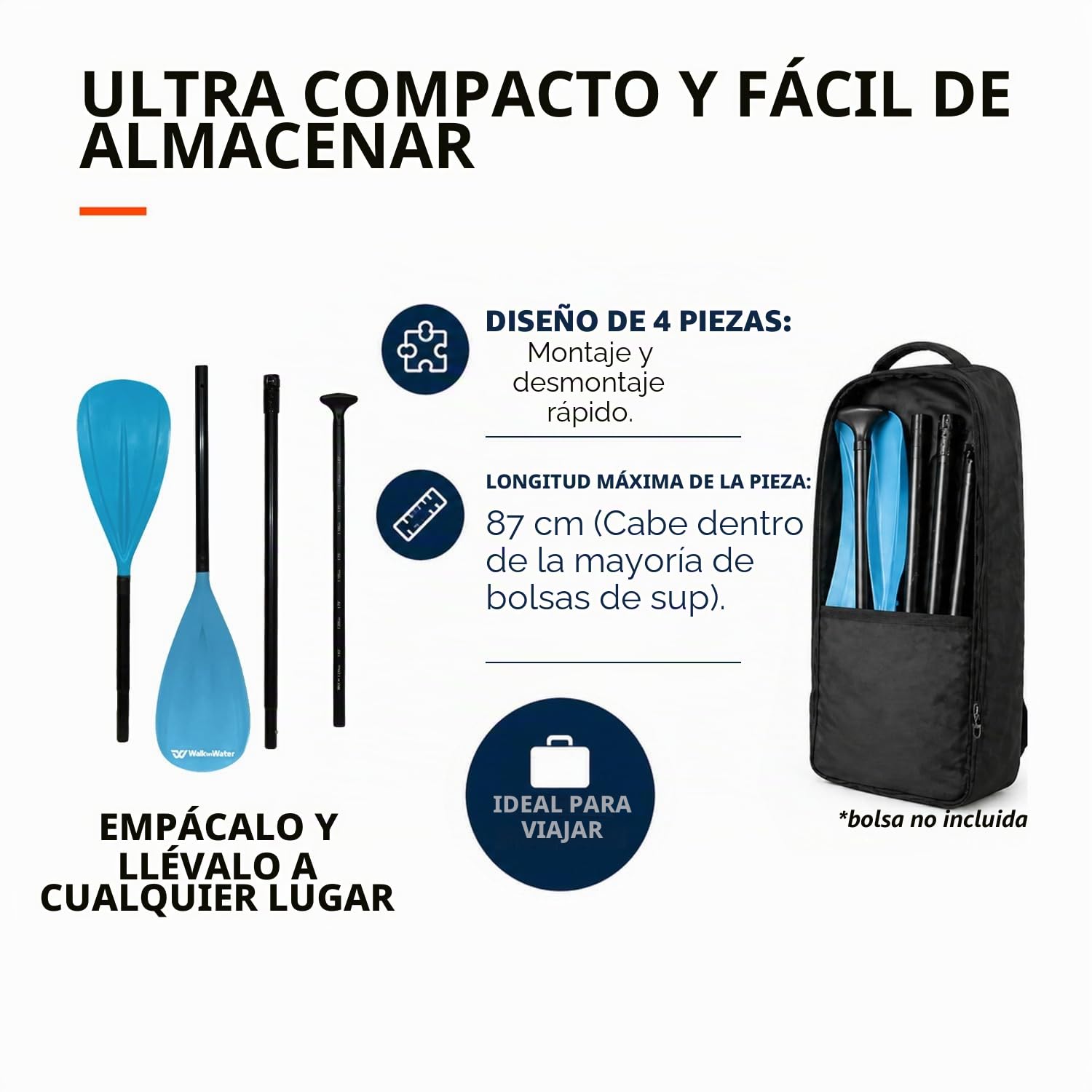WOW Pádel 2 en 1 Paletas de Aluminio Stand Up Paddle Rame 4 Piezas Desmontables | Pádel Doble Pádel Ajustable | Pádel Paddle - Sup Fácil de Transportar WalkOnWater
