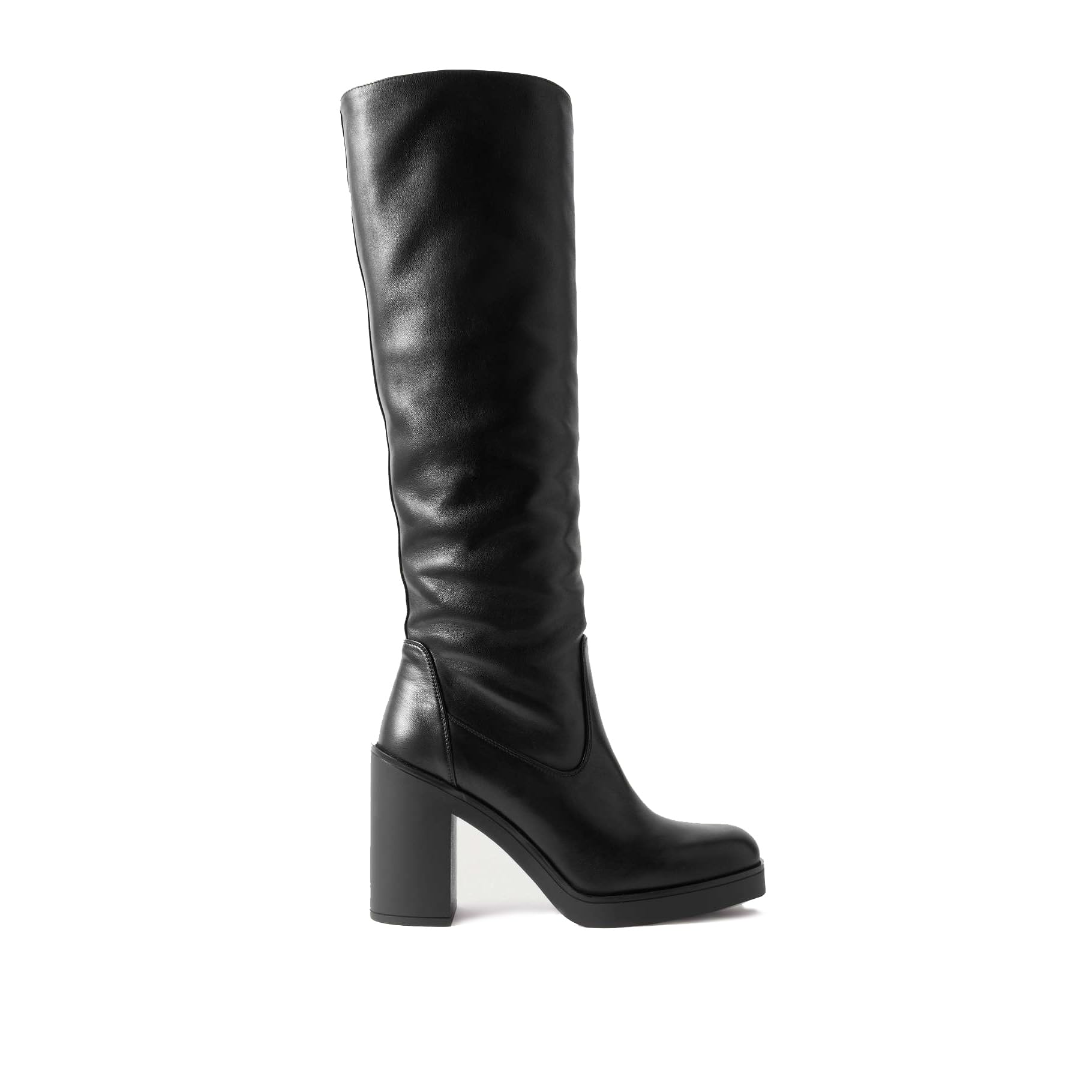STALOV Knee High Boots for Women Slouchy Ruched Ruond Toe Side Zipper Leather Tall Boots Fashion Chunky Block