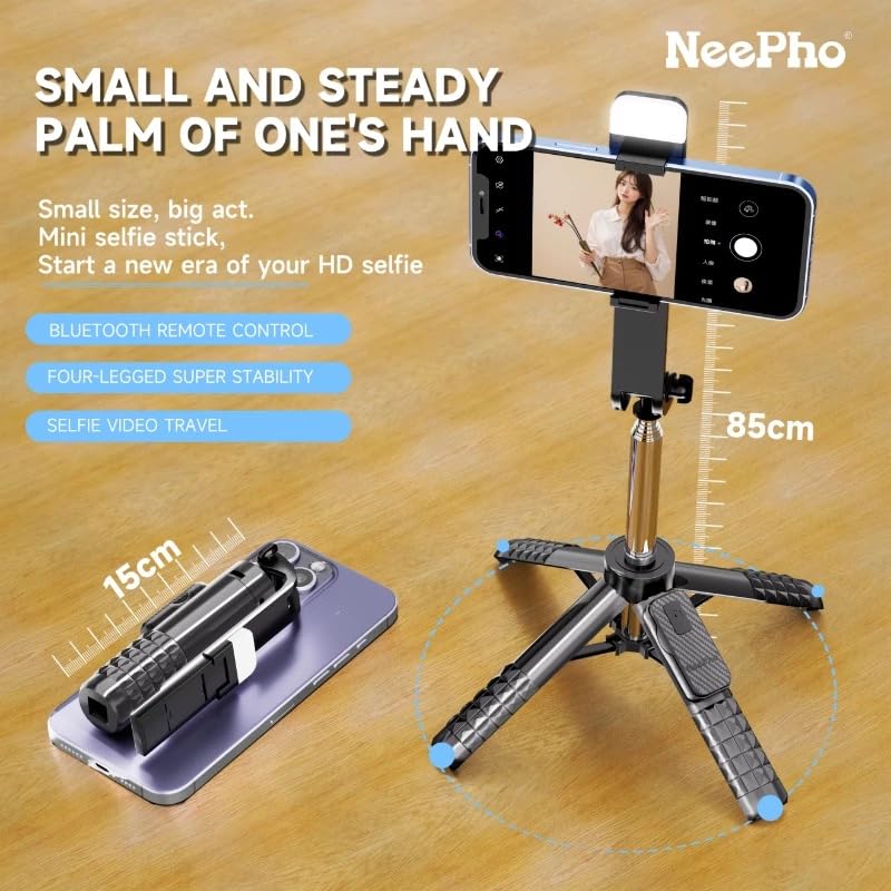Coverzone Mini Dört Ayaklı Selfie Çubuğu Tripod Telefon Tutucu Kablosuz Bluetooth Kumandalı 85 cm Uzayan 15 cm Katlanan Stabil Masaüstü Seyahat Fotoğraf Video Çekim Aparatı | NP-L8S