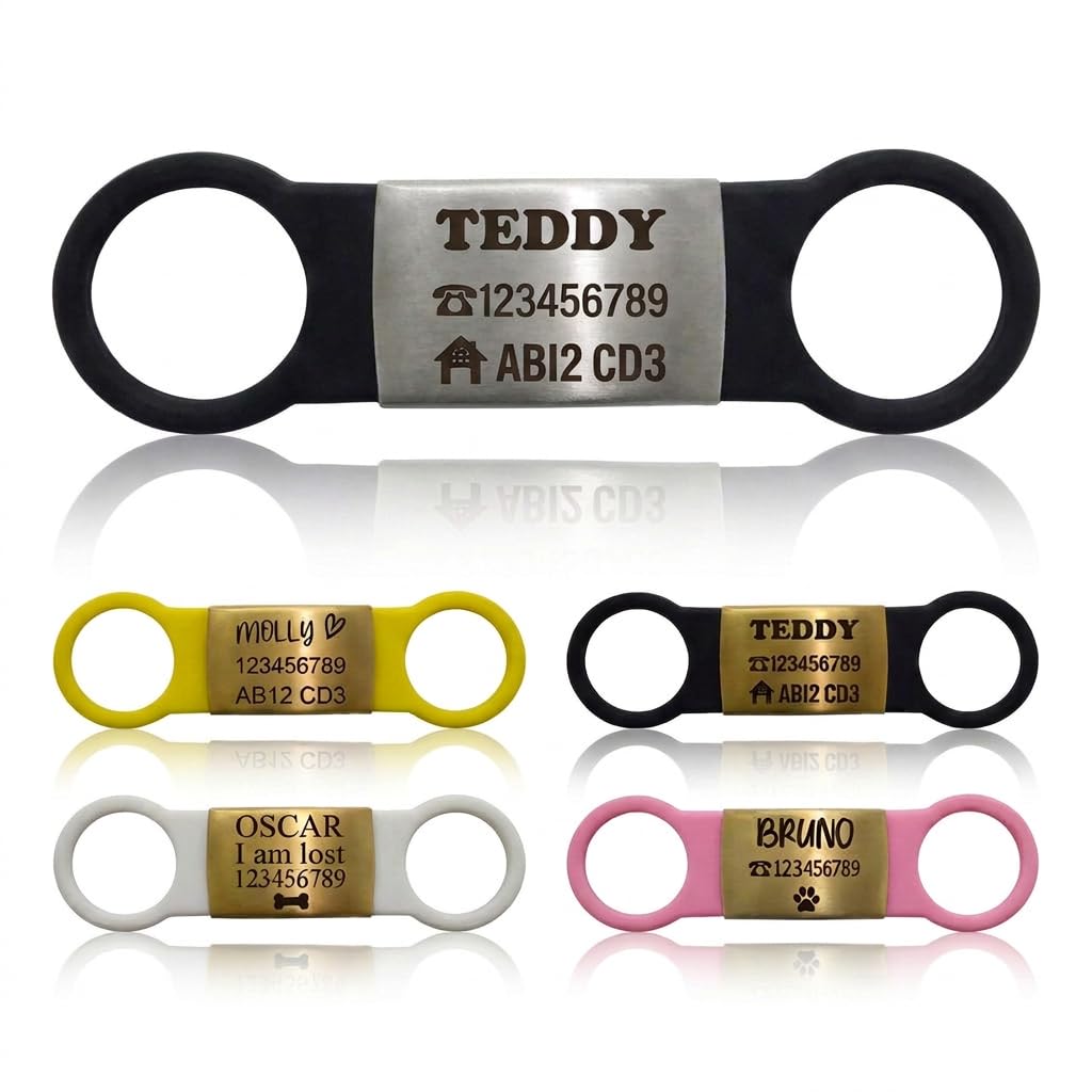 Slide On Dog ID Tag Silicone Personalised Laser Engraved Pet Name Tag (Silver Black Silicon, (S-(1.8cm-4.0cm))