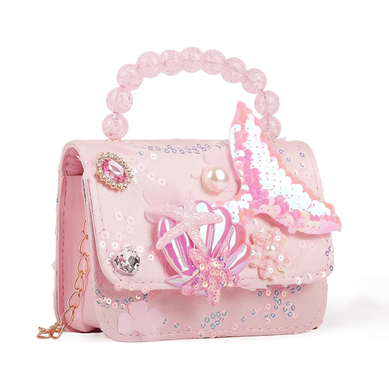 Sling Bag for Girls Kids - PU Material, Cute Mermaid Design, Dark Pink | Lightweight Girls Bag with Beaded Handle & Chain Strap, Great Gift for Ages 3–8 (14x5x11cm)-image-7