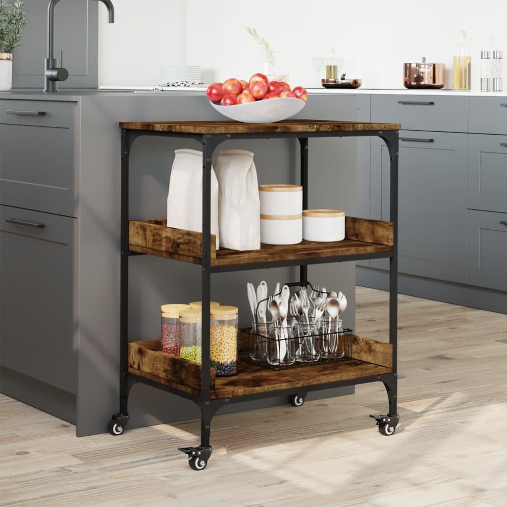 Carro de cocina de roble ahumado, 60 x 41 x 80,5 cm, material de madera con marco de acero, carrito para servir con 4 ruedas, carrito auxiliar con espacio para cocina, comedor, organizador