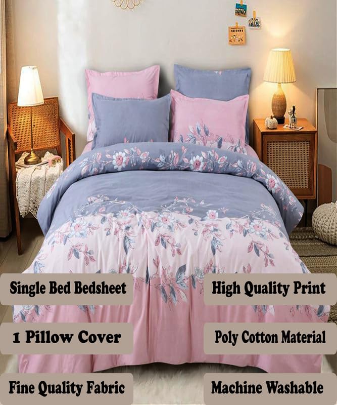 Image of Polycotton Single Bed Bedsheet, Flat Sheet with 1 Pillow Cover, Queen (60x90 inch), 300 TC, Pink & Blue, Set of 2
