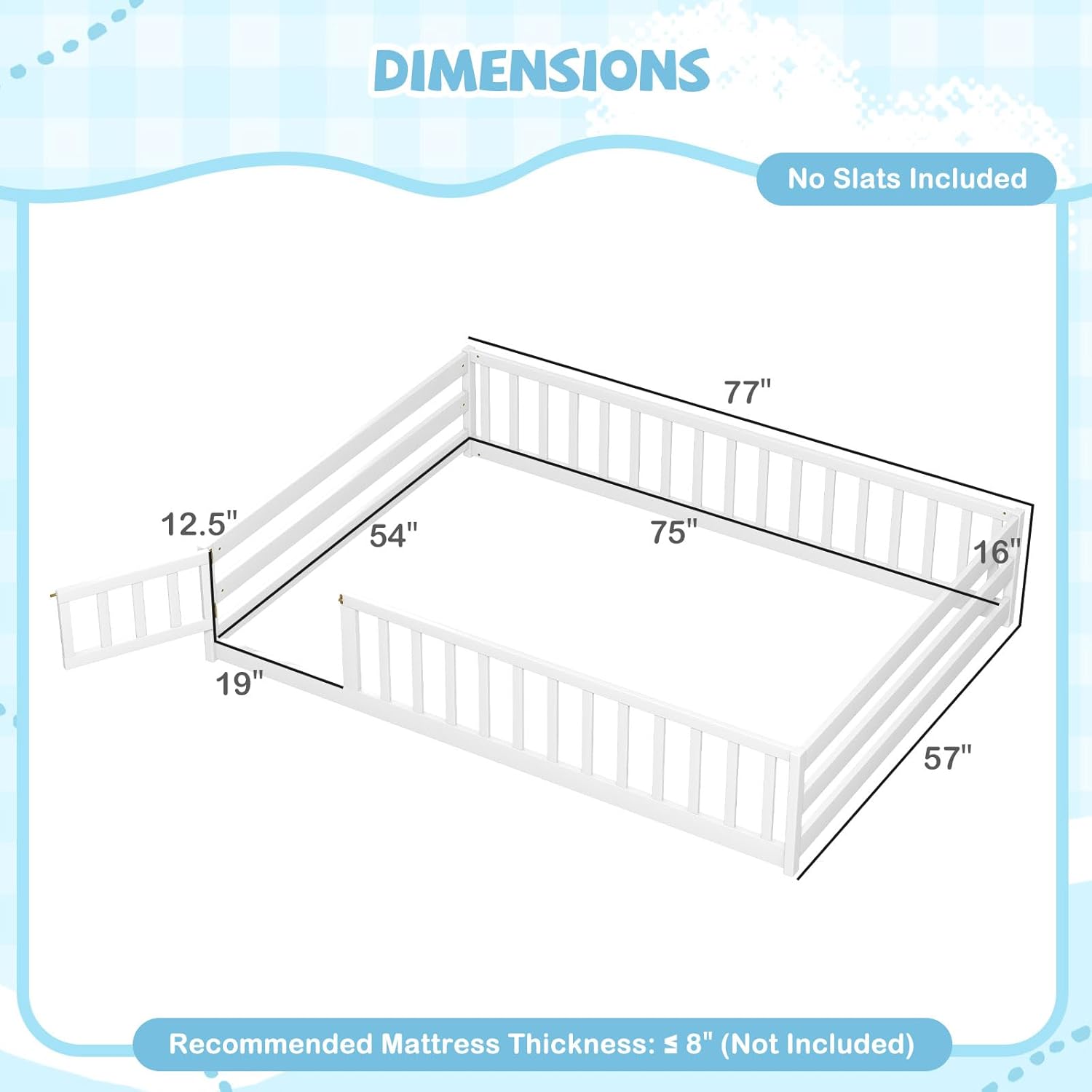 Giantex Full Floor Bed with Door & Fence, Kids Wood Montessori Beds with Safety Guardrails, Floor Bed Twin for Kids, Boys, Girls, No Box Spring Needed, White