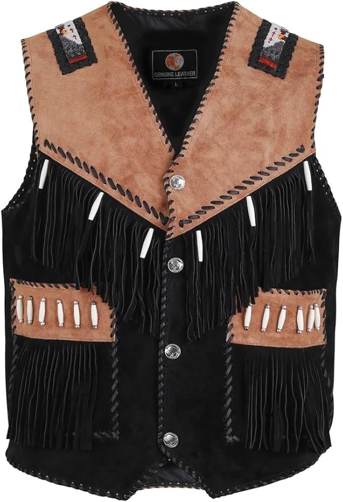 Quality Supply Western Suede Leather Vest Men Native American Fringe Vest Vintage Cowboy Waistcoats Tassels, Beads & Braid
