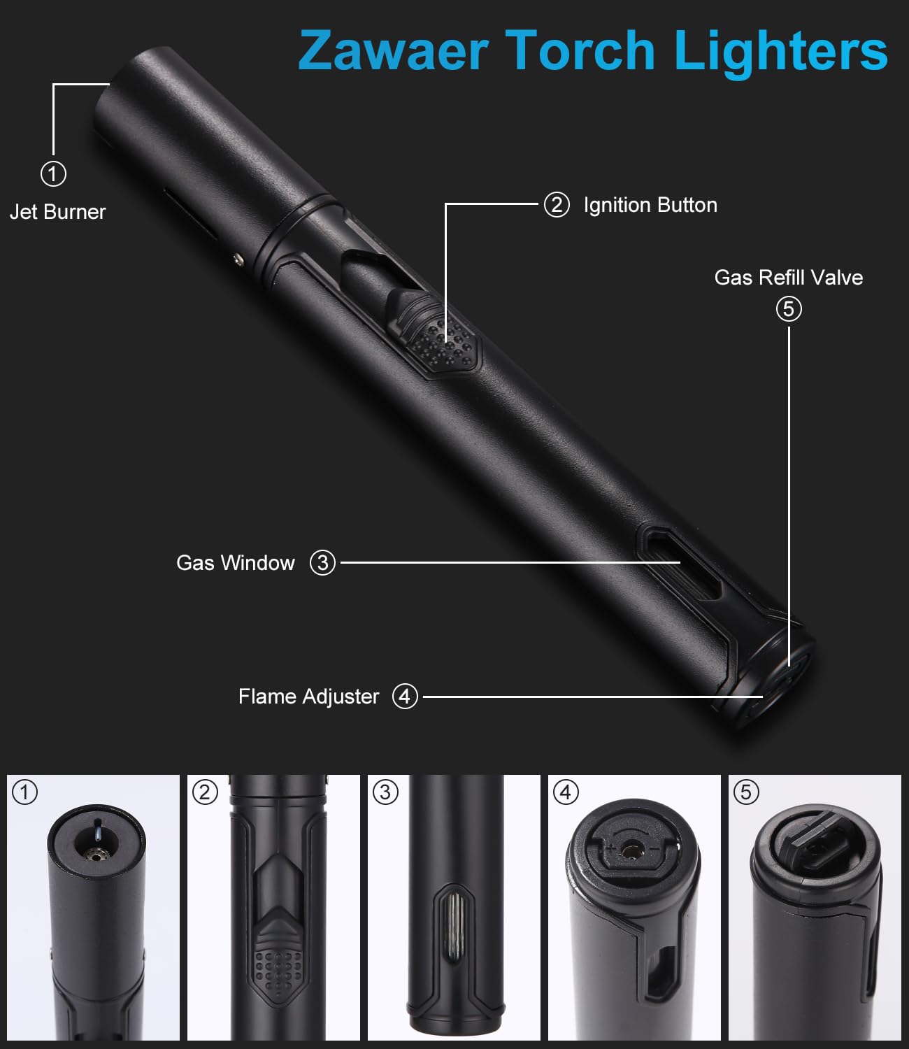 Zawaer Accendino a Gas Butano Antivento, Ricaricabile, Jet Flame Accendino a Fiamma Lunga per Cucina, Fuochi d'artificio, Campeggio, Barbecue, Camino, Regalo da Uomo (Senza Gas) (Nero)