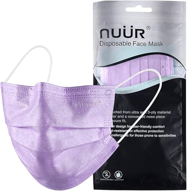 NUÜR 10pcs 3 Ply Disposable Face Mask, Mask with Filter Layer and Elastic Earloop, Retail Sealed bags, Purple