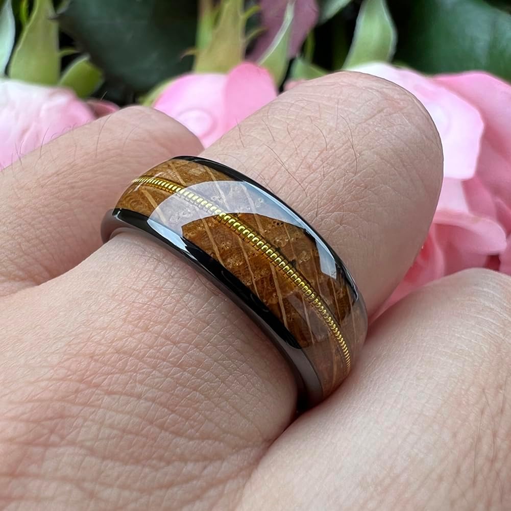 TUTISS 8mm Silver/Black/Gunmetal/Gold Tungsten Rings for Men Women Engagement Wedding Bands Whisky Wood Guitar String Inlay Domed Polished Comfort Fit