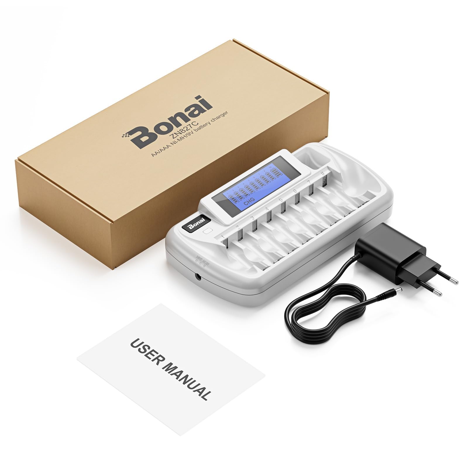 BONAI Caricabatterie Pile Ricaricabili AA AAA e 9V, Carica Batterie a 9 Slot Indipendenti per Ni-MH con Schermo LCD, Ingresso Professionale DC 12V/1A e Funzione di Scarica