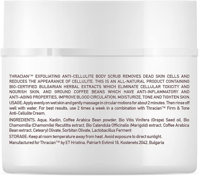 Thracian™ Exfoliating Anti-Cellulite Body Scrub for Slimming, Toning, Firming, Tightening, Fat burner with bio Bulgarian herbal extracts, Ground Coffee Beans, 200 ml, 6.8 Fl Oz