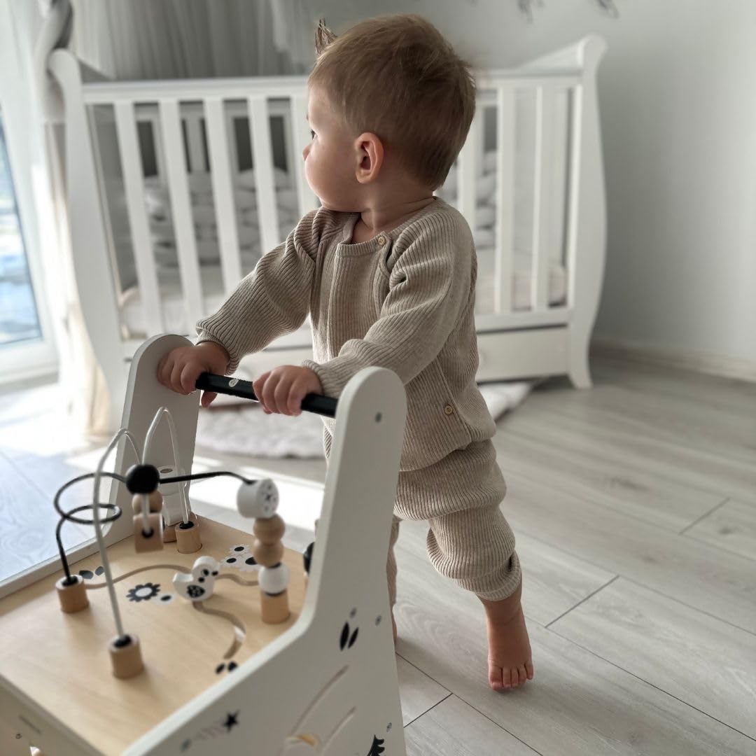 Mamabrum Caminadora y Andador Bebé 6 en 1 - Mesa Educativa de Madera con Ábaco, Engranajes y Juegos - Centro de Actividades para Primeros Pasos - 31 x 28 x 49 cm