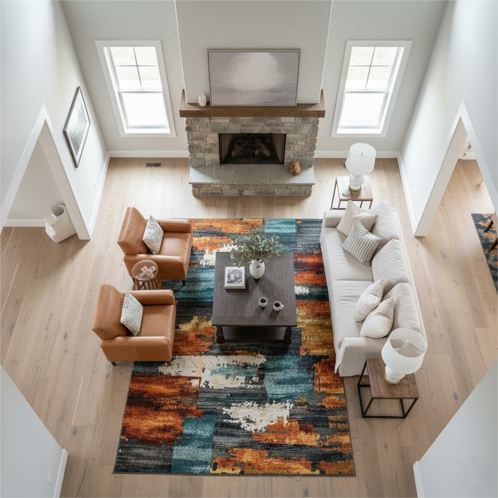 5x7 Area Rug for Living Room,Modern Abstract Burnt Orange Rug,Terracotta and Teal Brushstroke,Washable Rug,Non Slip, Bedroom, Dining Room, Home Office