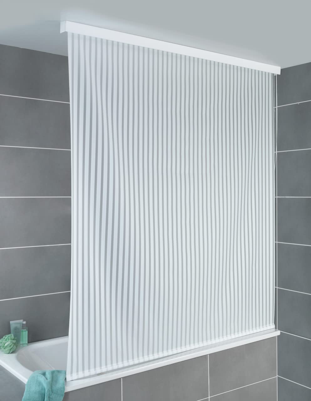 WENKO Store de Douche | Rideau de Douche déroulant | Fixation Plafond | Fixations incluses | Aluminium | Plastique recyclé et Recyclable PEVA | 132x240x5 cm | Blanc