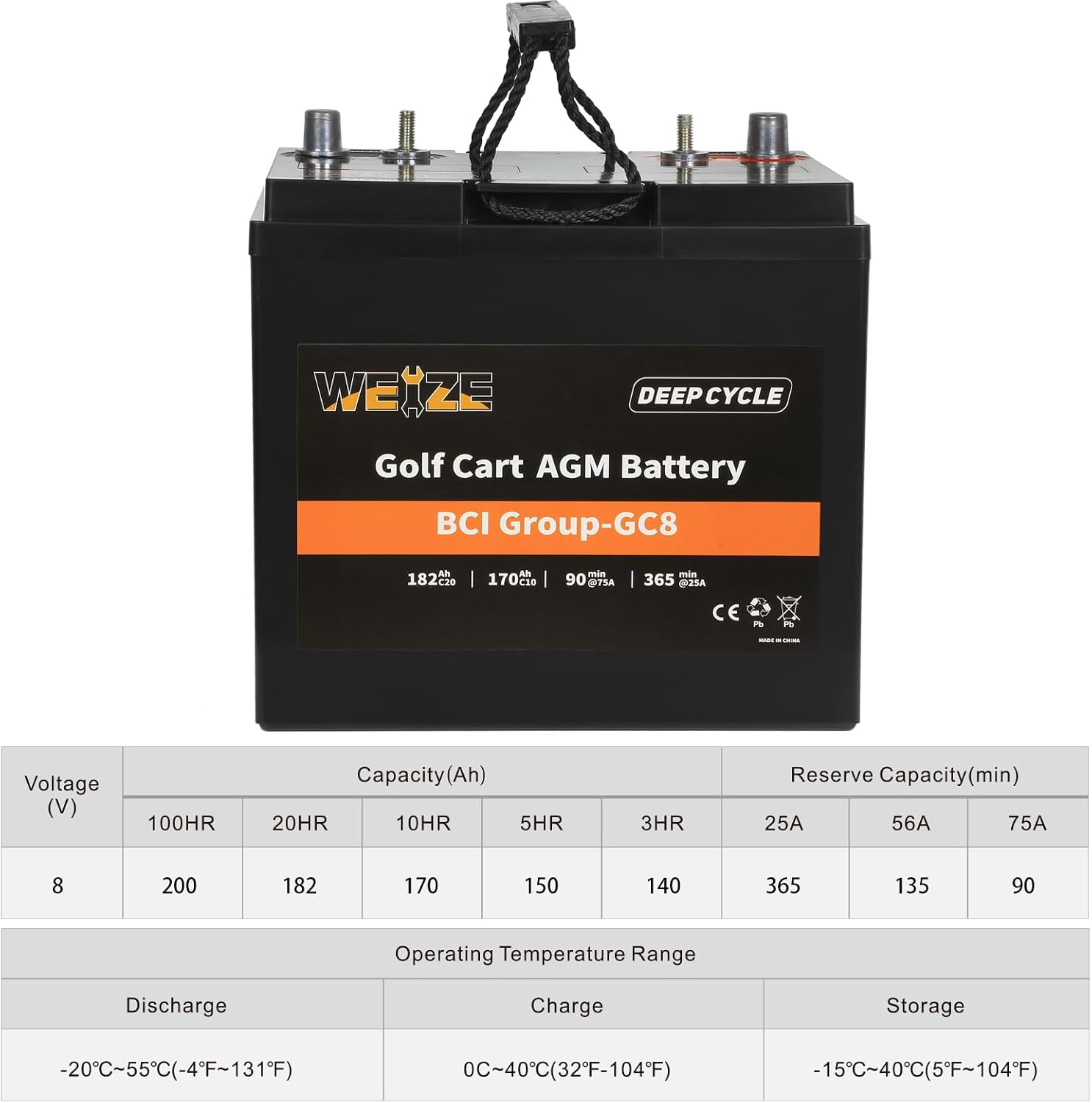 Weize GC8 8V Golf Cart Battery, 182AH High Capacity & Maintenance Free Deep Cycle AGM Battery for Golf Cart, Scissor Lift, Scrubber Sweeper, Set of 6