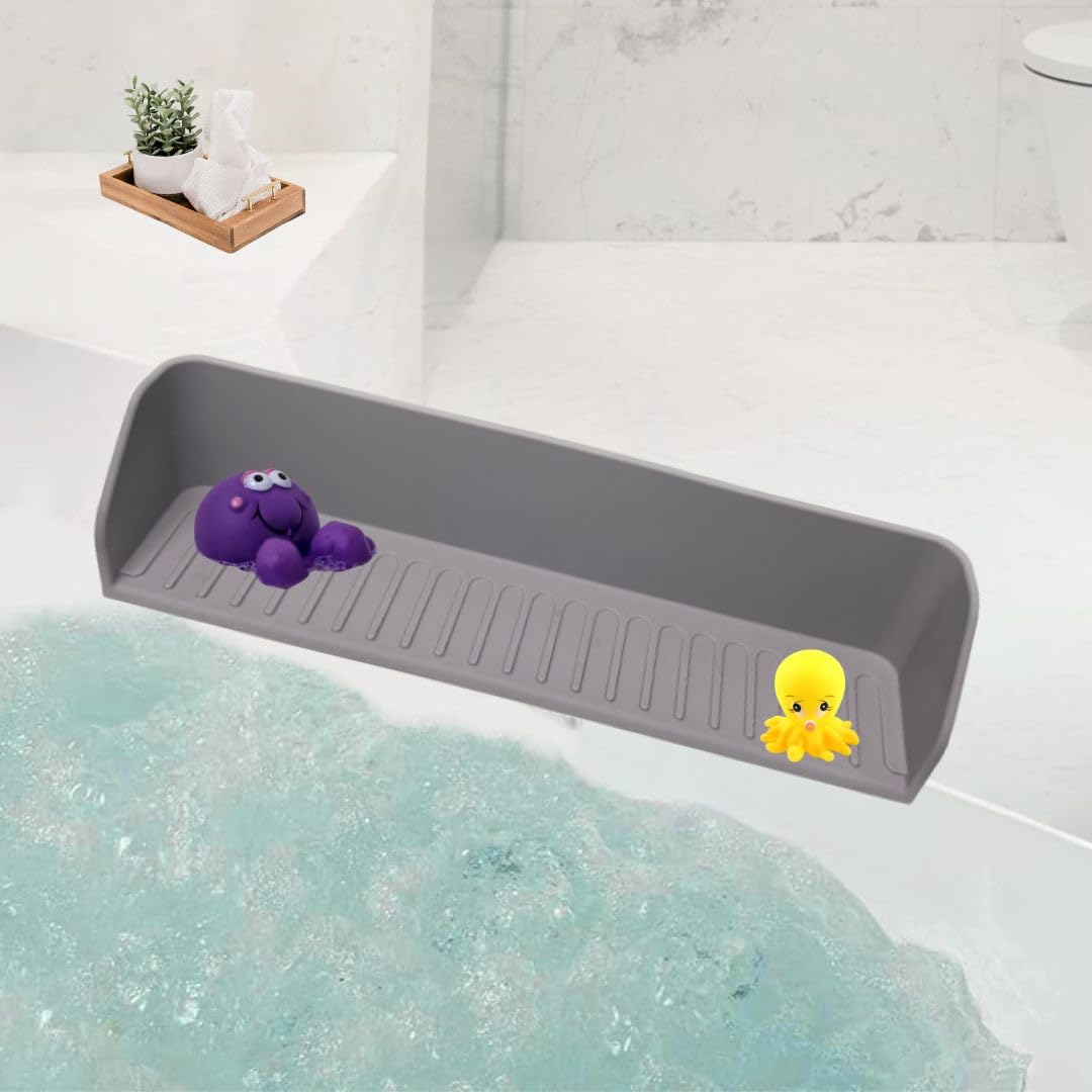 Bathtub Splash Guard - Silicone Splash Guard for Bathtub with Strong Suction Cups, Bathtub Accessories, Kitchen Sink Splash Guard, Tub Play Shelf for Kids, Bath Toy Holder, (1 Pack Stone Grey)