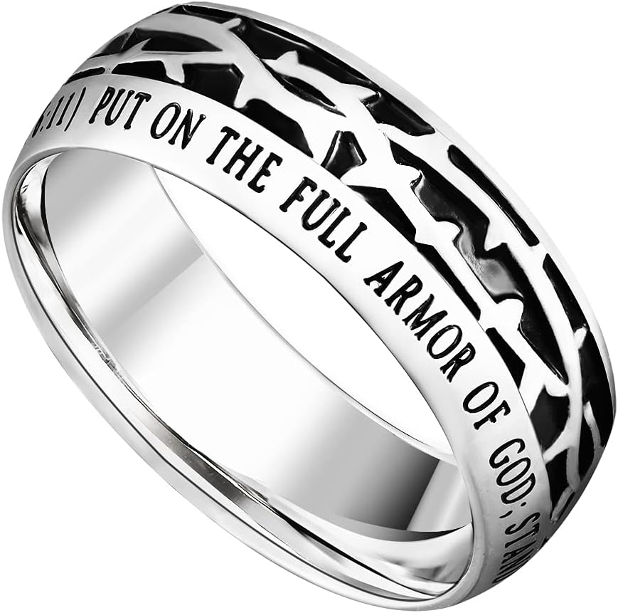 Spirit & Truth Stainless Steel Christian Men's 10mm Ring with Raised Crown of Thorns Armor of God Ephesians 6:11