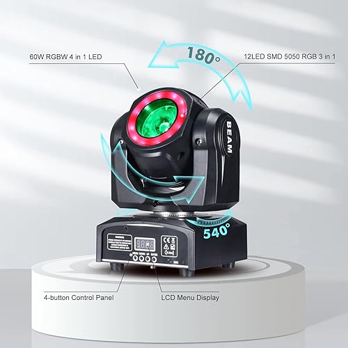 Miniatura 4 de Luces de cabeza móvil de 60 W, luces LED de escenario, haz RGBW, tira de ciclo de halo para DJ, activación de sonido DMX 512 para eventos, fiestas,