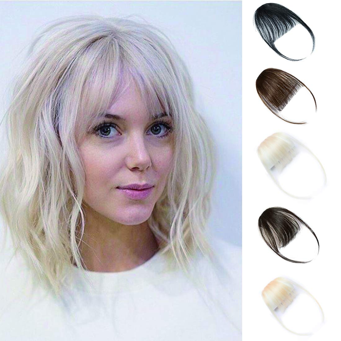 SEGO Clip in Air Bangs 3g Wispy Bangs One Piece 100% Remy Human Hair Front Fringe Bangs Hairpiece Neat Air Bangs with Temples for Women-Platinum Blonde