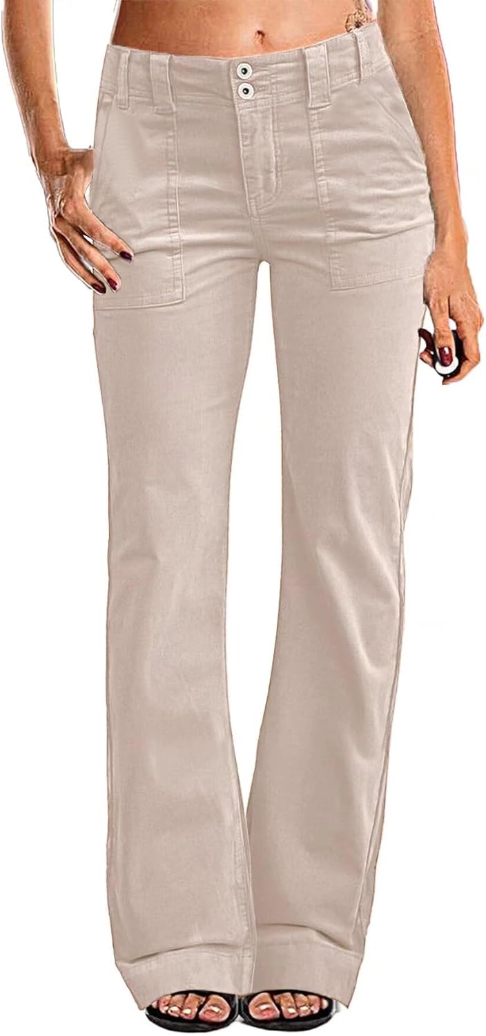 Flamingals Women’s Wide Leg Pants for Women Mid Waist Dress Flare Straight Leg Corduroy Pants Workout Jeans Trendy