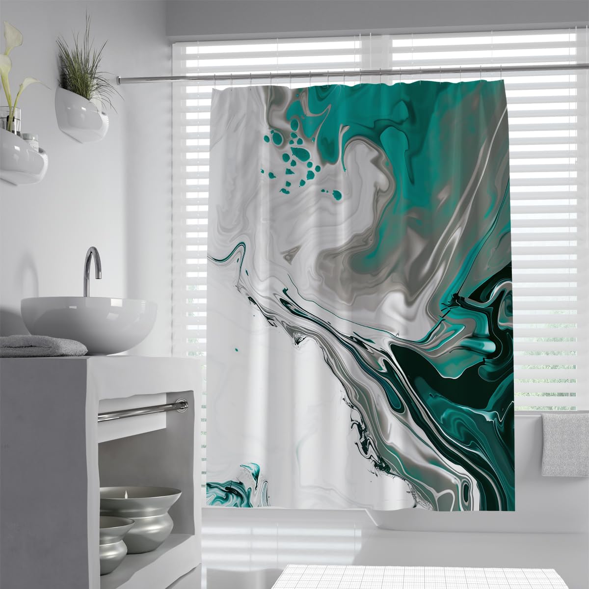 UIRINGART Fluid Art Bath Curtain W180xL220cm Modern Emerald Teal Green White Black Marble Liquid Inks Mildew Mould Resistant Polyester Fabric Shower Curtains