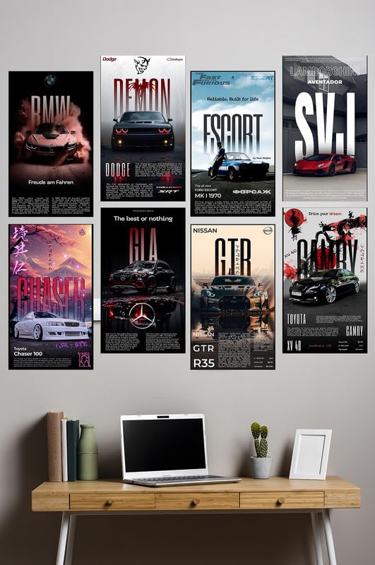 MyTees Pack of 8 - Car Aesthetic Graffiti Style A4 Size Posters 7.5x12 Inch 300 GSM | Sports Car Wall Art for Bedroom, Living Room - Porsche Street Ruling Cars