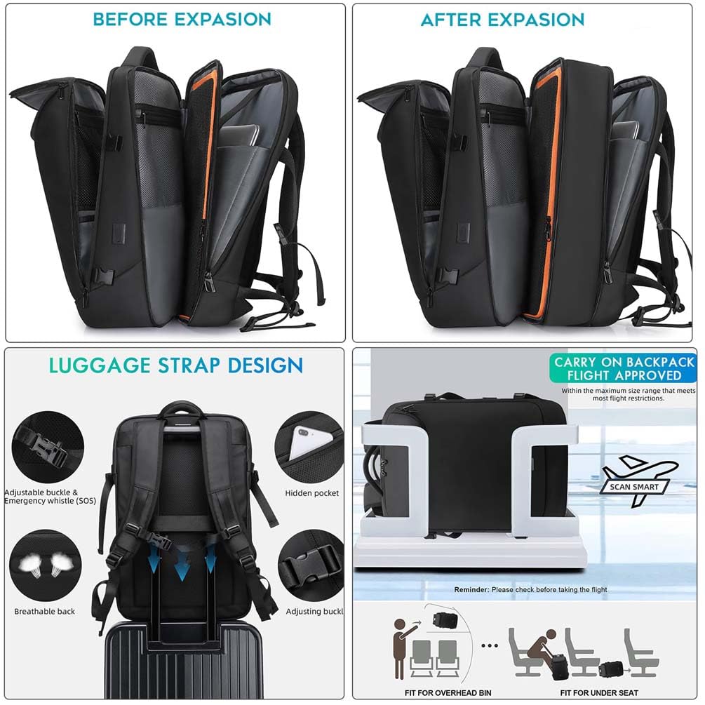 Uomini e Donne Zaino da Viaggio, Espandibile Zaino Porta PC 17.3 Pollici Impermeabile Zainetto Lavoro Con Vano per Computer e Porta di Ricarica USB per lavoro Università,Nero