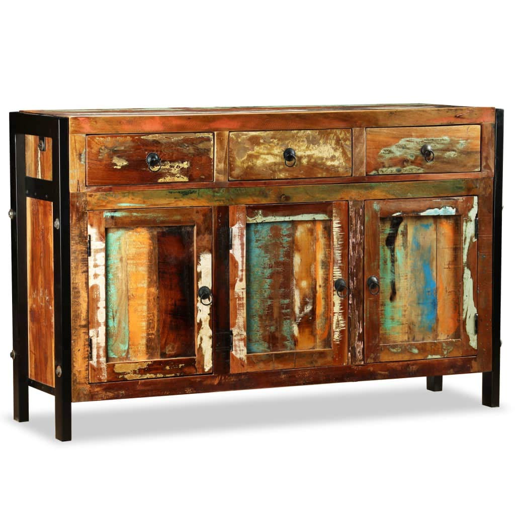 Buffet en bois recyclé massif 120 x 35 x 76 cm fait main avec trois tiroirs de style vintage