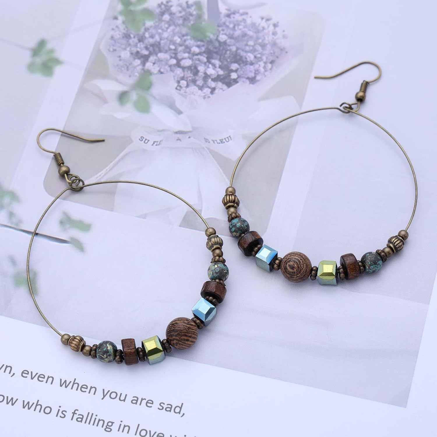 Vintage Bead Hoop Dangle Earrings Hollow Circle Hoop Earrings Brown Beaded Hoop Earrings Bead Circle Drop Earrings Turquoise Hoop Drop Earrings Jewelry for Women - Image 5