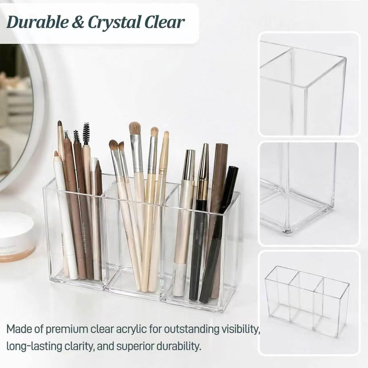 Clear Acrylic 3-Slot Makeup Brush Holder – Desk Pen & Pencil Organizer for Vanity, Office & Bathroom image 4