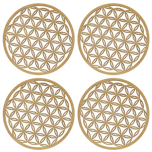 4 Holzuntersetzer für Blume des Lebens, Dekorative Untersetzer für die Blume des Lebens, Aufladen der Steine, 10 x 10 cm