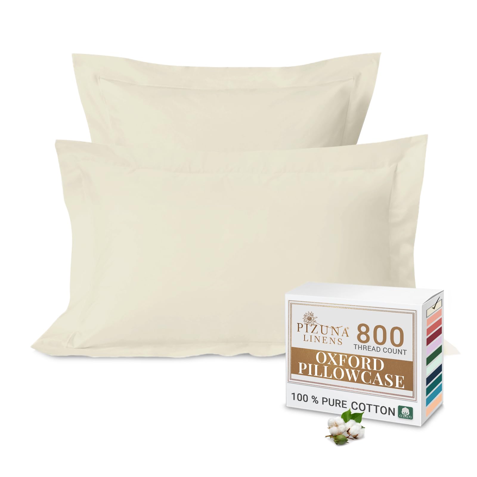 Pizuna Luxurious Cotton Standard Pillowcases 2 Pack Ivory 50x75cm, 800 Thread Count Long Staple Combed Cotton Pillow Cover, Crisp Sateen Weave Oxford Pillow Cases (Luxury Pillowcase 2 PC)