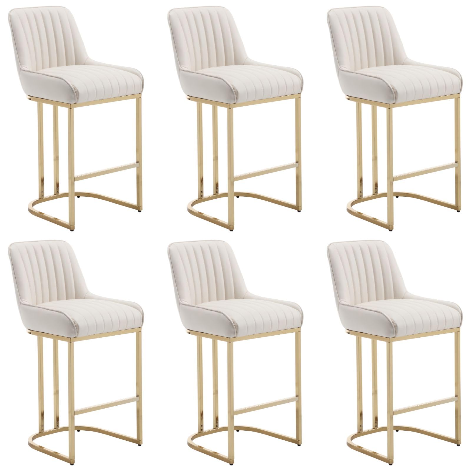 ROCITY Beige Leather Counter Stools Set of 6 Modern Counter Height Bar Stools with Gold Legs 26 Inch Upholstered Kitchen Island Chairs with Back