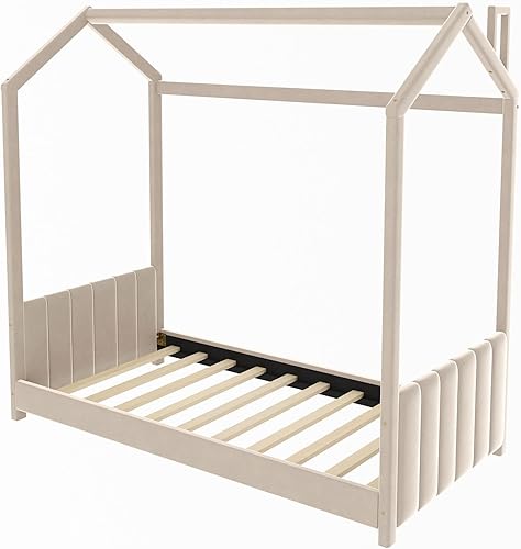 Miniatura 7 de DEINPPA Cama de casa de princesa tamaño individual con cabecera y estribo tapizados de tela de terciopelo, marco de cama para niños con diseño de