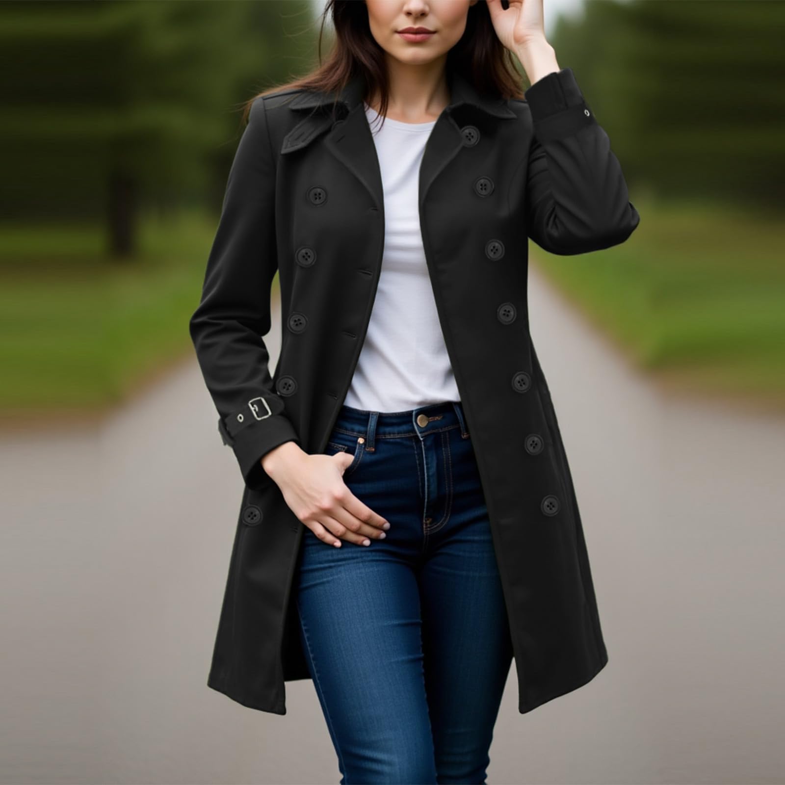 Trenchcoat Damen Lange Warme Wolle Zweireihig Mantel Elegant Winterjacke