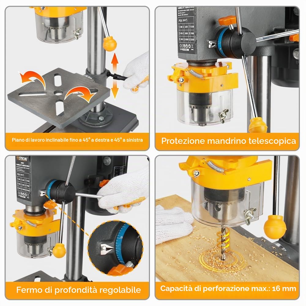 Hoteche Trapano da tavolo con supporto da 500 W, 230 V, 9 velocità da 280 a 2350 giri/min, diametro massimo di foratura 16 mm, 50 mm, distanza mandrino MT2, ideale per lavori di perforazione precisi,