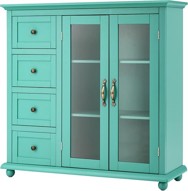 GiantexUK Kitchen Buffet Sideboard, Wooden Storage Cabinet with 2 Doors & 4 Drawers, Freestanding Storage Cupboard for Home Dining Room Living Room (Green)