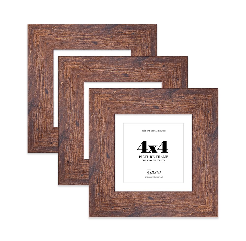 4x4 Rustic Wood Square Frame With Mount for 3x3 Pictures 28mm Edge Frame Display with Wall Hooks and Kickstand, 3 Pack