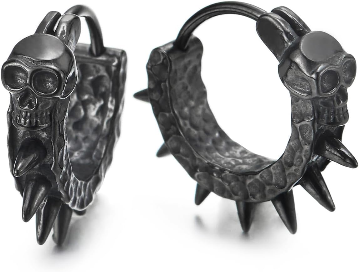 Stainless Steel Skull Hoop Earrings Spike Circle Huggie Hinged, for Men Women, 1 Pair