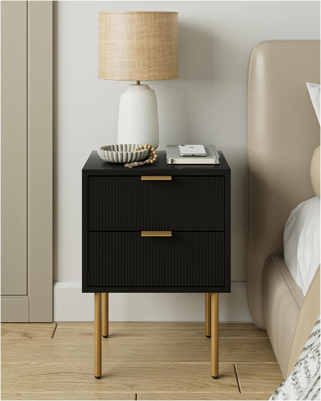 Nightstand,Small Bedside Table with Gold Frame,White Night Stand,Bedside Furniture,Side Table with Drawer and Shelf for Bedroom,Living Room (Mid-Century-Stripe, Black.)