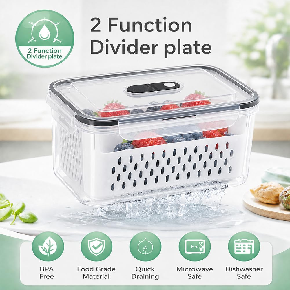 Contenitori per Frutta da Frigo, Set 3/4 Pezzi con Cestello Scolapasta Rimovibile, Ermetici e Impilabili, Ideali per Verdura, Bacche e Alimenti (4Pcs)