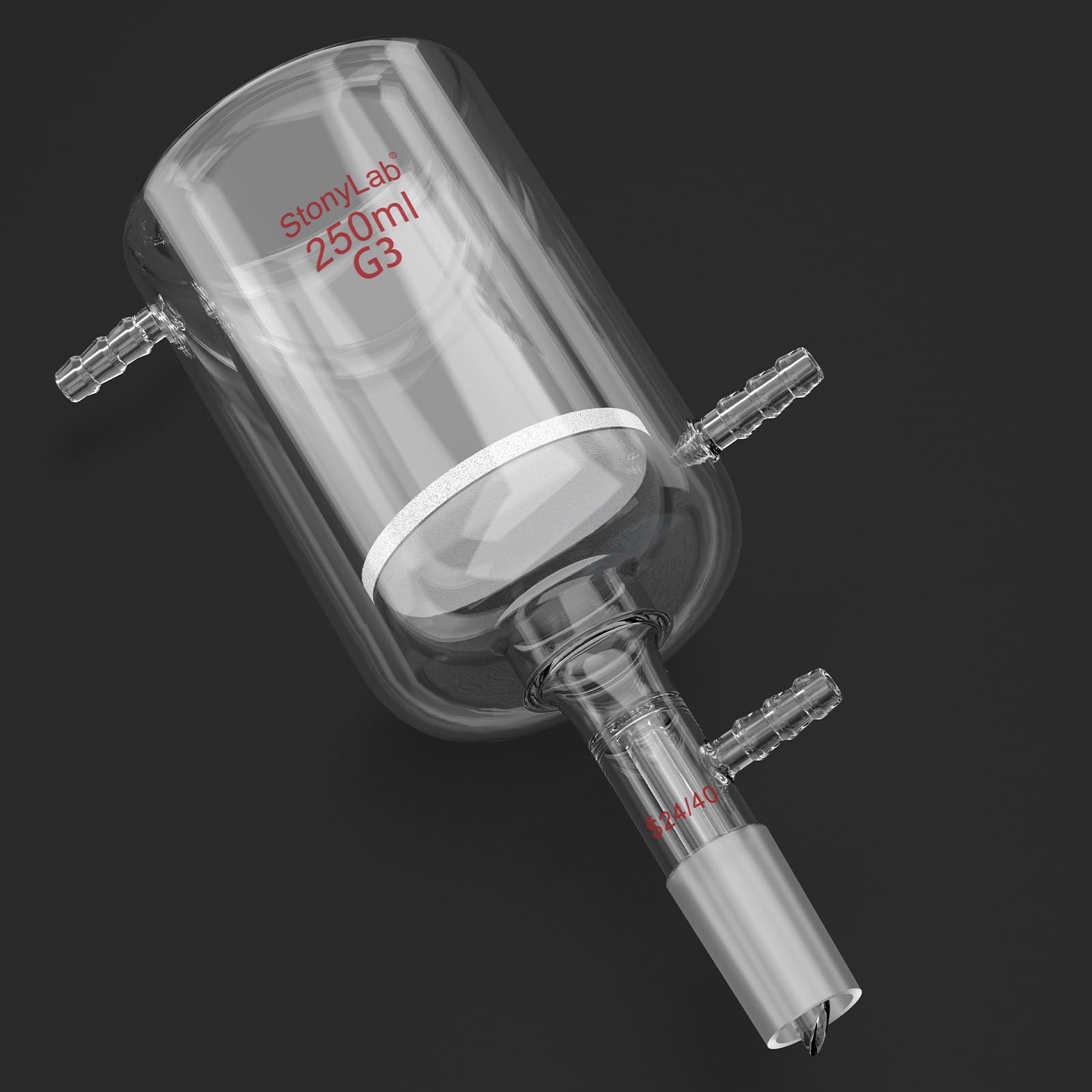 stonylab Embudo Buchner Jaquetado con Disco Filtro Frito (15-40 μm), Vidrio Borosilicato, Conexión 24/40, Conexión de Manguera 10 mm, 250 ml para Filtración al Vacío con Control de Temperatura