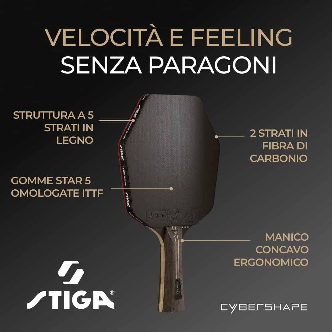 STIGA Racchetta da Tennis Tavolo Cybershape Pro Carbon+, Racchetta da Ping-pong a 5 Stelle, con Forma Esagonale per Giocatori Professionisti dallo Stile Offensivo