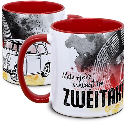 DDR Tasse: Trabant - Mein Herz schlägt im Zweitakt, Zirkel-Motiv, Ostalgie, Nostalgie, Geschenk, Retro, rot DDR Tasse: Trabant - Mein Herz schlägt im Zweitakt, Zirkel-Motiv, Ostalgie, Nostalgie, Geschenk, Retro, rot
