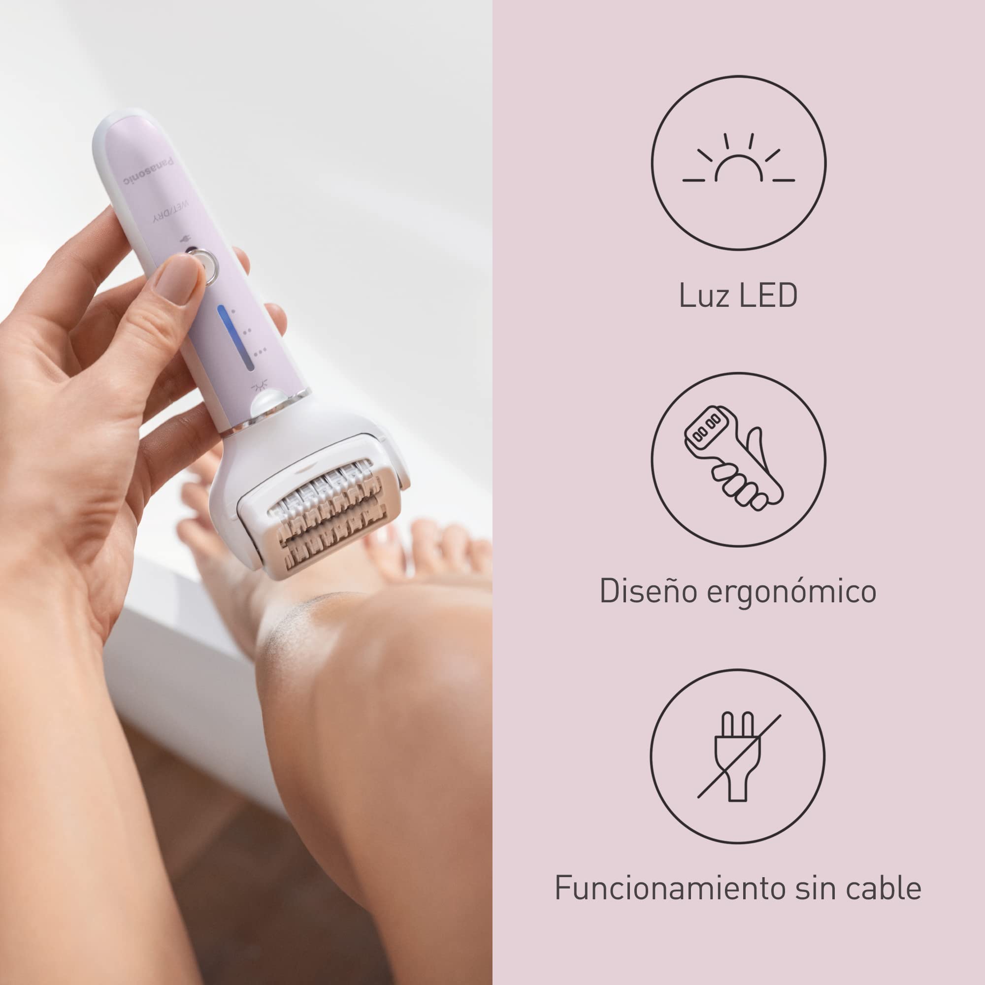Panasonic ES-EY30-V503 Húmedo y Seco Depiladora, Doble Disco con 60 Pinzas, Flexible 90º Pivotante Cabeza, 3 velocidad Ajustes y LED Luz, 30 Minutos Operación Tiempo, Sin Cable, Cabello Removedor