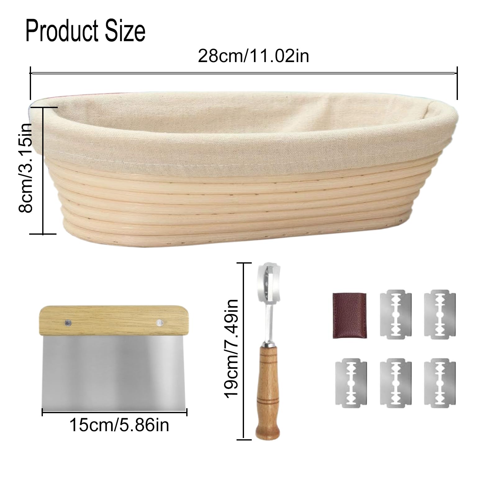 Kosz zabezpieczający 28 cm, owalny, naturalny rattanowy, do sprawdzania chleba, wkładka z tkaniny, torba do przechowywania, skrobak do ciasta