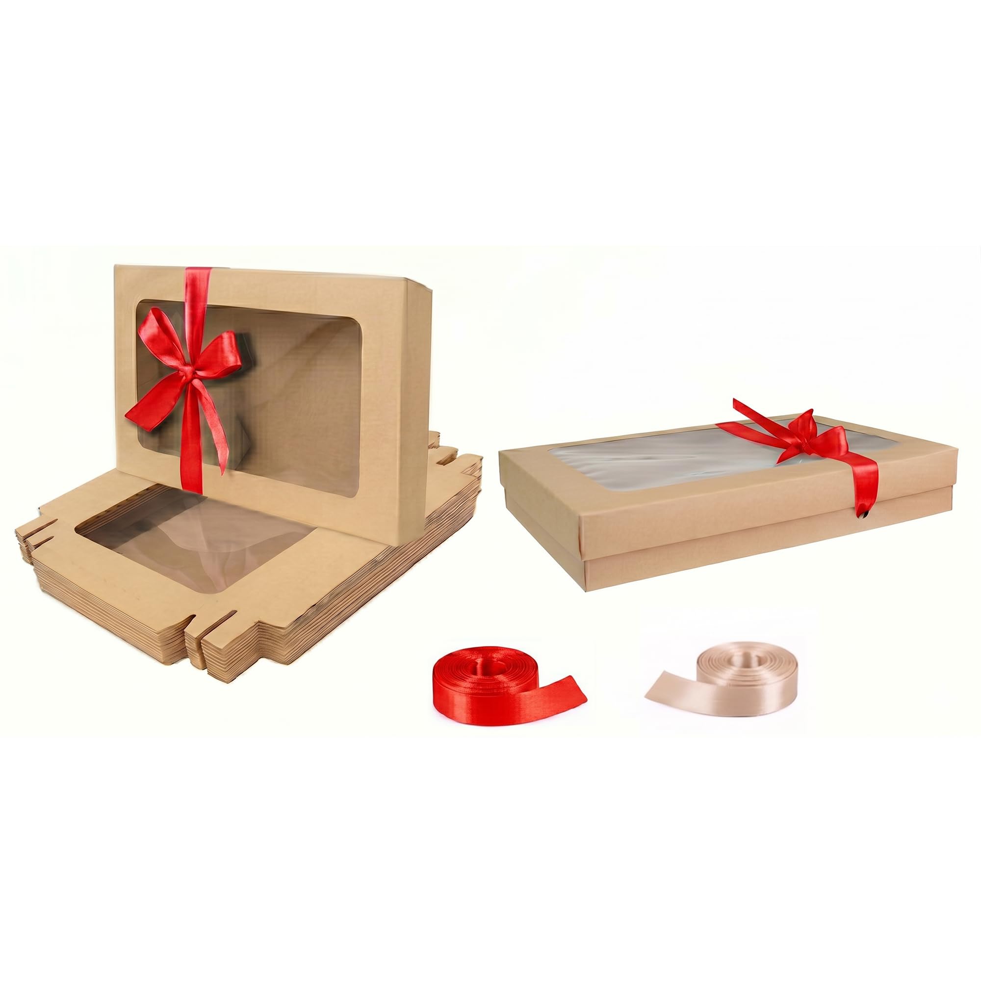 Emartbuy Pack of 12 Brown Gift Boxes with Clear Window Lid & Red Satin Ribbon - Large Wide 29.5 x 22 x 4.5 cm - Recyclable Kraft Presentation Box for Hampers, Treats, Weddings & Favours โ image 1