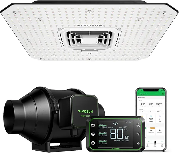 VIVOSUN Smart Grow System with AeroLight A100SE 100W LED Grow Light with Circulation Fan, AeroZesh S4 4-inch 208 CFM Inline Duct Fan, and GrowHub E42A Temperature & Humidity WiFi-Controller