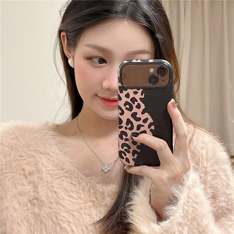 Funda Delgada para iPhone 15 Pro Max/15 Pro/15, Moda Leopardo Estampado Patrón Cuero Carcasa, Cámara Lente Protección Cubierta,Negro,15